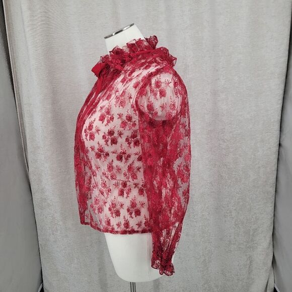 French Cherry Red See Through Lace Coquette Girl Long Sleeves Top Jacket - Picture 4 of 15